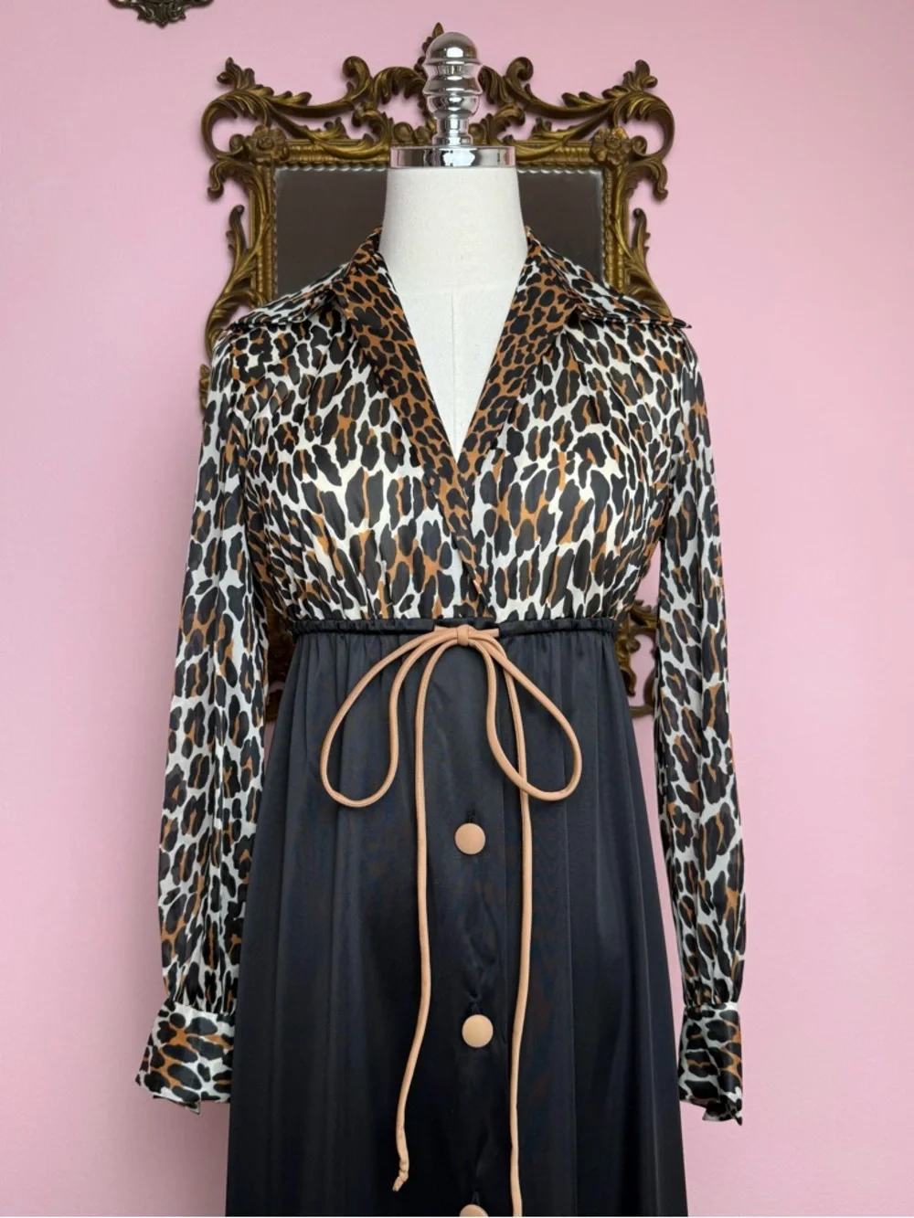 Vanity Fair Leopard Print Vintage 60s Hostess Dress Collar Nightgown Petite - Picture 2 of 6